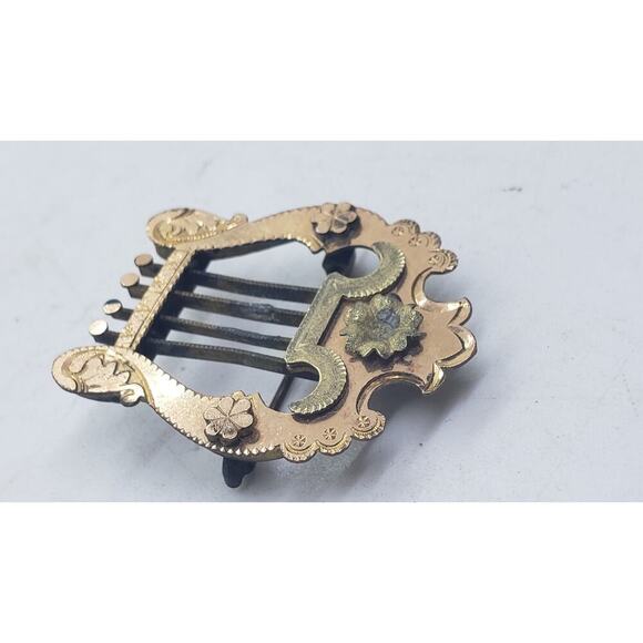 Vintage Antique Victorian Lyre Harp Brooch Pin Floral Etched Music - Picture 2 of 7